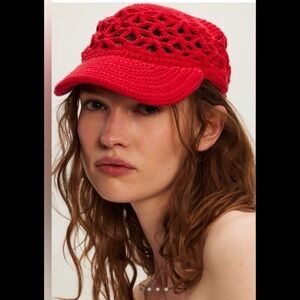 NWT Free People Sylvie Crochet Baseball Hat in Red